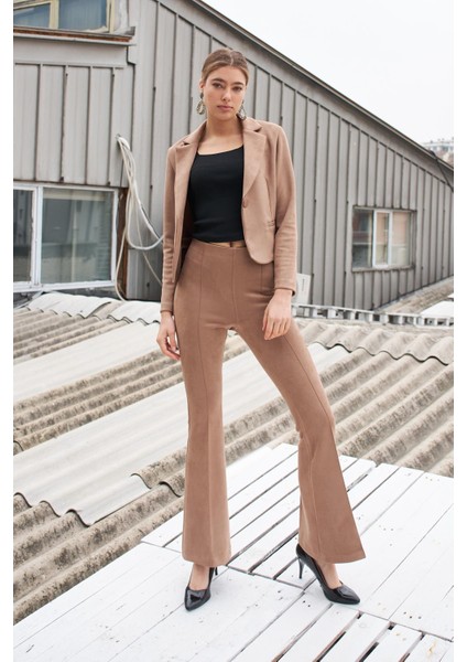 Süet Likralı Kumaş Yüksek Bel Ön Arka Dikişli Isanyol Paça Tayt Pantolon-Vizon