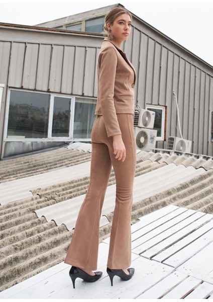 Süet Likralı Kumaş Yüksek Bel Ön Arka Dikişli Isanyol Paça Tayt Pantolon-Vizon fiyatları