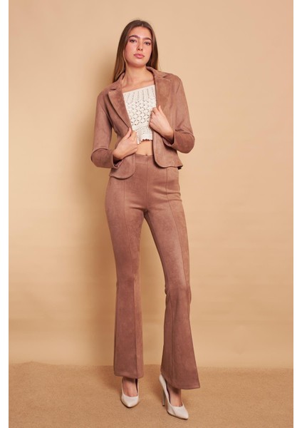 Süet Likralı Kumaş Yüksek Bel Ön Arka Dikişli Isanyol Paça Tayt Pantolon-Vizon fırsatları