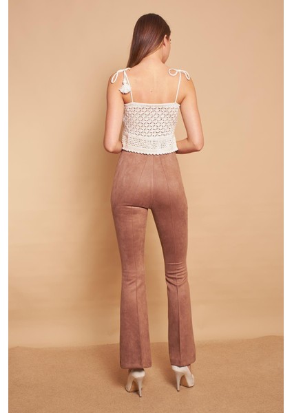 Süet Likralı Kumaş Yüksek Bel Ön Arka Dikişli Isanyol Paça Tayt Pantolon-Vizon indirimleri