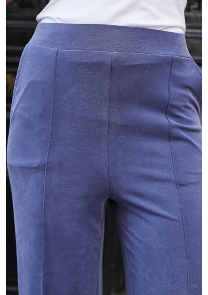 Kadın Modal Ipeksi Likralı Kumaş Yüksek Bel Önden Dikişli Cepli Bol Paça Palazzo Pantolon-Indigo fiyatları