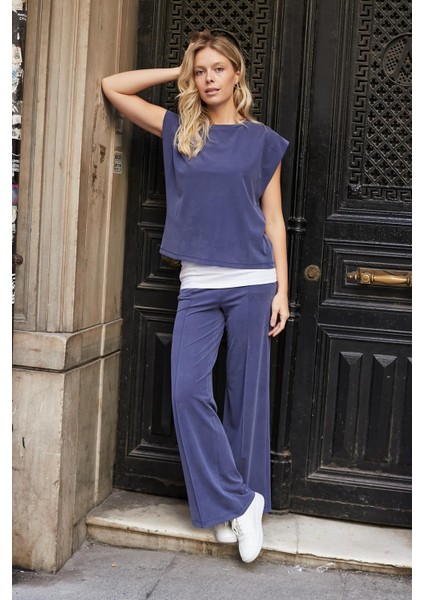 Kadın Modal Ipeksi Likralı Kumaş Yüksek Bel Önden Dikişli Cepli Bol Paça Palazzo Pantolon-Indigo modelleri