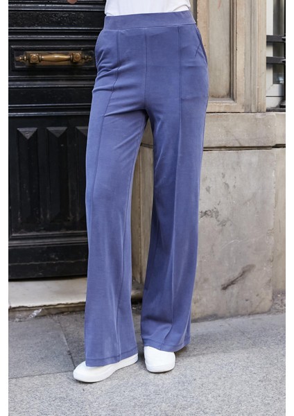 Kadın Modal Ipeksi Likralı Kumaş Yüksek Bel Önden Dikişli Cepli Bol Paça Palazzo Pantolon-Indigo fırsatları