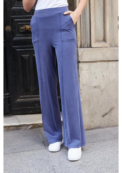 Kadın Modal Ipeksi Likralı Kumaş Yüksek Bel Önden Dikişli Cepli Bol Paça Palazzo Pantolon-Indigo indirimleri