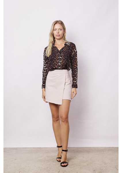 Kadın Pamuklu Hafif Likralı Kalın Kumaş Yüksek Bel Ara Boy Şort Etek-Bej modelleri