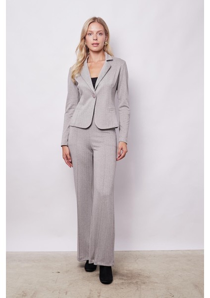 Kadın Desenli Hafif Likralı Yumuşak Dokulu Kalın Kumaş Yüksek Bel Cepli Önü Dikişli Palazzo Pantolon-Bej Balıksırtı