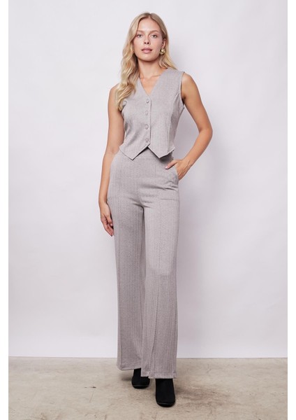 Kadın Desenli Hafif Likralı Yumuşak Dokulu Kalın Kumaş Yüksek Bel Cepli Önü Dikişli Palazzo Pantolon-Bej Balıksırtı fiyatları