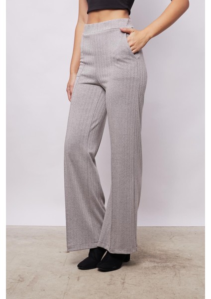 Kadın Desenli Hafif Likralı Yumuşak Dokulu Kalın Kumaş Yüksek Bel Cepli Önü Dikişli Palazzo Pantolon-Bej Balıksırtı indirimleri