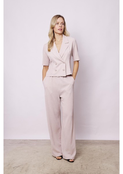 Kadın Kırınkıl Kumaş Yüksek Bel Beli Lastikli Yan Cepli Bol Paça Palazzo Pantolon-Taş