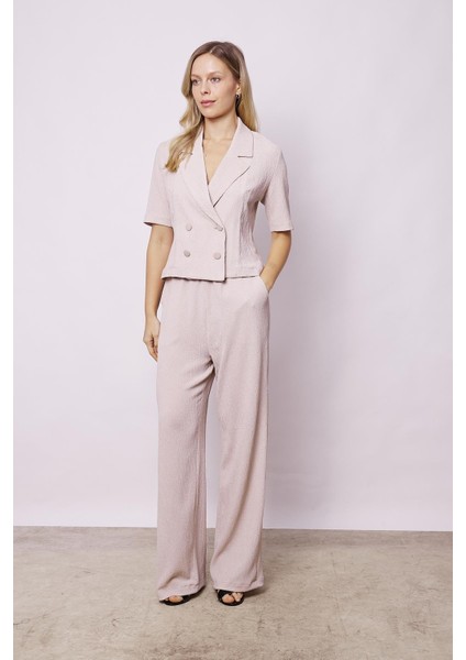 Kadın Kırınkıl Kumaş Yüksek Bel Beli Lastikli Yan Cepli Bol Paça Palazzo Pantolon-Taş modelleri