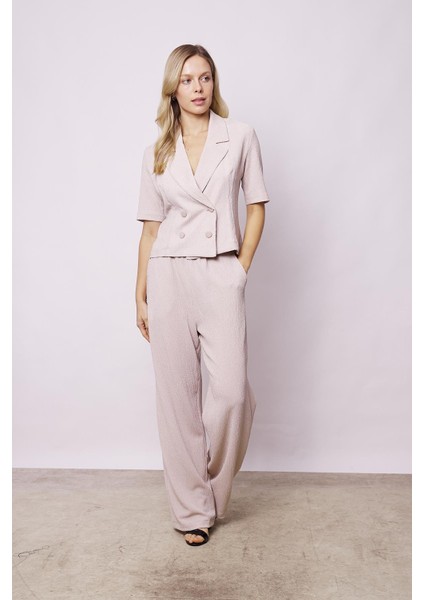 Kadın Kırınkıl Kumaş Yüksek Bel Beli Lastikli Yan Cepli Bol Paça Palazzo Pantolon-Taş fırsatları