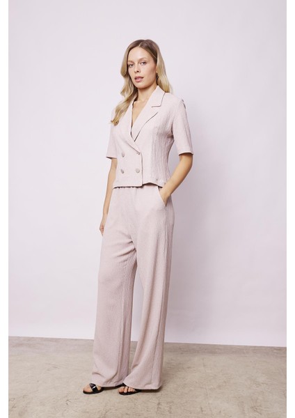 Kadın Kırınkıl Kumaş Yüksek Bel Beli Lastikli Yan Cepli Bol Paça Palazzo Pantolon-Taş indirimleri