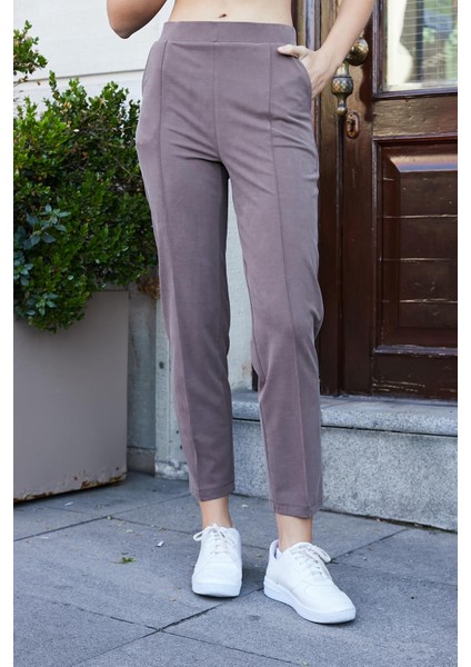 Kadın Modal Ipeksi Likralı Kumaş Yüksek Bel Önden Dikişli Cepli Dar Paça Pantolon-Kahve