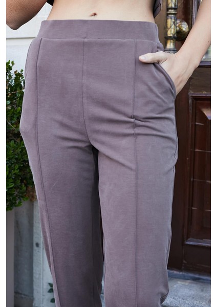 Kadın Modal Ipeksi Likralı Kumaş Yüksek Bel Önden Dikişli Cepli Dar Paça Pantolon-Kahve