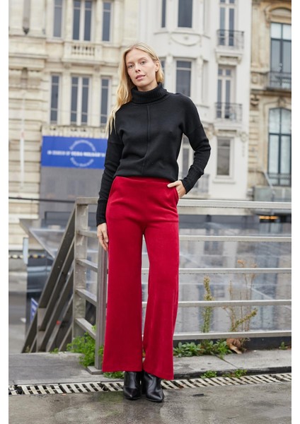 Kadın Likralı Yumuşak Dokulu Kadife Kumaş Yüksek Bel Yan Cepli Bol Paça Palazzo Pantolon-Şarap fiyatları