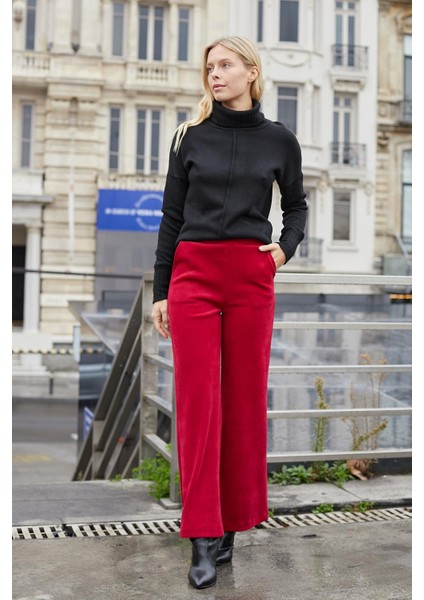 Kadın Likralı Yumuşak Dokulu Kadife Kumaş Yüksek Bel Yan Cepli Bol Paça Palazzo Pantolon-Şarap modelleri