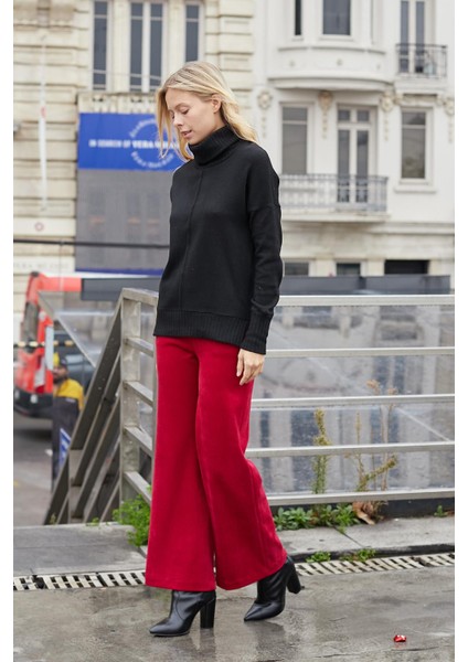 Kadın Likralı Yumuşak Dokulu Kadife Kumaş Yüksek Bel Yan Cepli Bol Paça Palazzo Pantolon-Şarap fırsatları