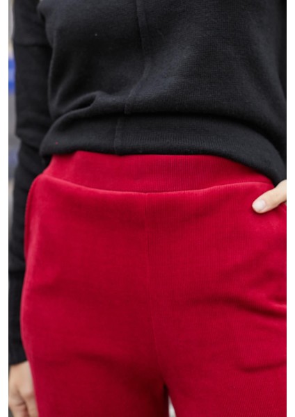 Kadın Likralı Yumuşak Dokulu Kadife Kumaş Yüksek Bel Yan Cepli Bol Paça Palazzo Pantolon-Şarap indirimleri