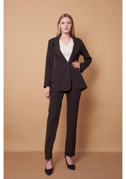 Kadın Yüksek Bel Yan Cepli Boru Paça Şık Kırışmaz Hafif Likralı Kumaş Klasik Pantolon(Ceket Jument 30074)-SIYAH