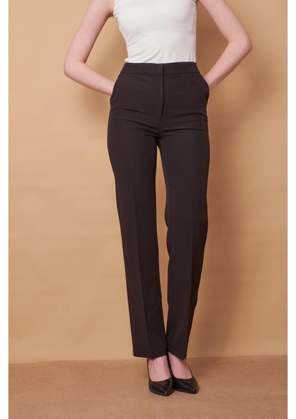Kadın Yüksek Bel Yan Cepli Boru Paça Şık Kırışmaz Hafif Likralı Kumaş Klasik Pantolon(Ceket Jument 30074)-SIYAH fiyatları