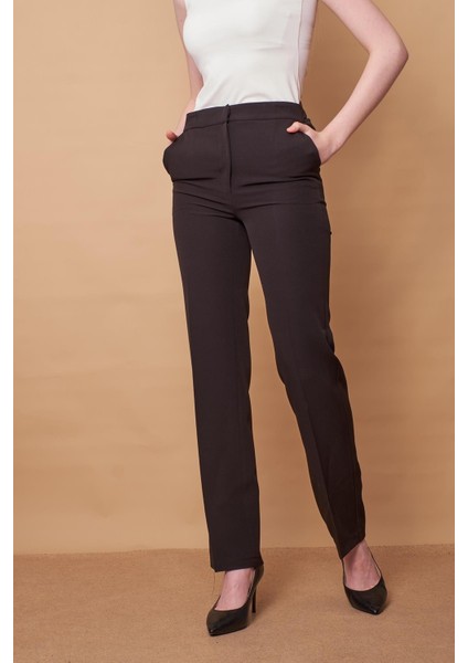 Kadın Yüksek Bel Yan Cepli Boru Paça Şık Kırışmaz Hafif Likralı Kumaş Klasik Pantolon(Ceket Jument 30074)-SIYAH modelleri