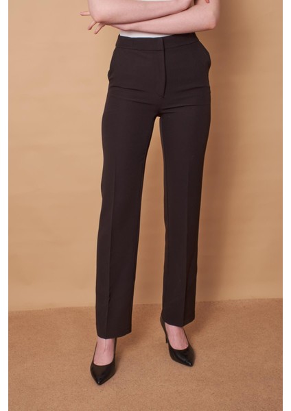 Kadın Yüksek Bel Yan Cepli Boru Paça Şık Kırışmaz Hafif Likralı Kumaş Klasik Pantolon(Ceket Jument 30074)-SIYAH fırsatları