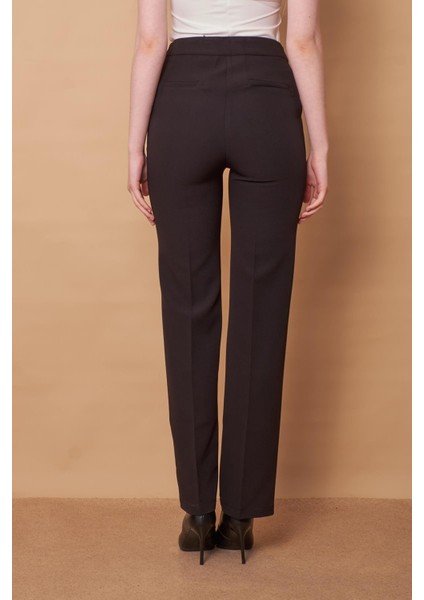 Kadın Yüksek Bel Yan Cepli Boru Paça Şık Kırışmaz Hafif Likralı Kumaş Klasik Pantolon(Ceket Jument 30074)-SIYAH indirimleri