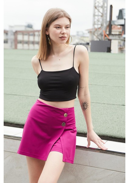 Kadın Yüksek Bel Dokuma Kumaş Midi Boy Şort Etek (BOY:38CM +-2cm)-Magenta