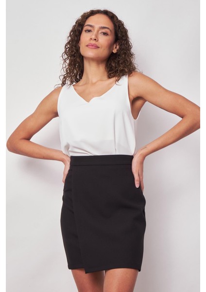 Kadın Hafif Likralı Kumaş Yüksek Bel Anvelop Kruvaze Hafif Mini Kalem Etek-Siyah fırsatları