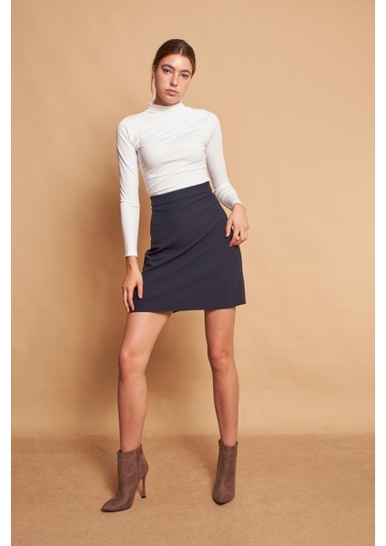 Yüksek Bel Hafif Likralı Kumaş Diz Boy Çan Etek-Lacivert fırsatları