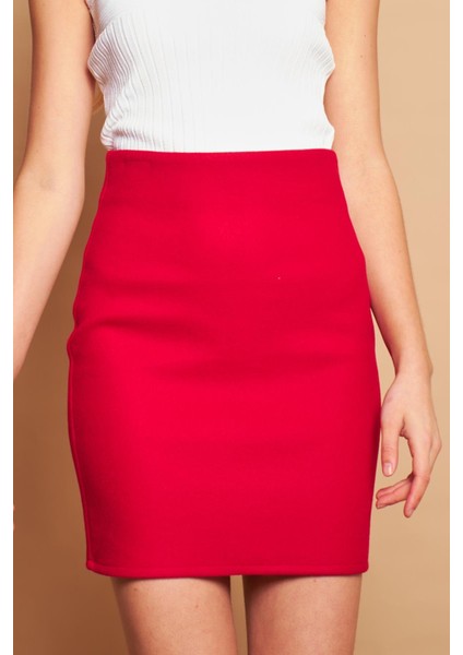 Kadın Hafif Likralı Kışlık Kaşe Yüksek Bel Diz Üstü Hafif Mini Kalem Etek(Boy 47CM)-KIRMIZI modelleri