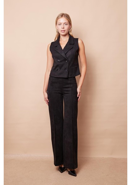 Palazzo Yüksek Bel Ön Dikişli Bol Paça Hafif Likralı Süet Kumaş Pantolon-Siyah