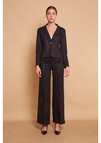 Palazzo Yüksek Bel Ön Dikişli Bol Paça Hafif Likralı Süet Kumaş Pantolon-Siyah fiyatları