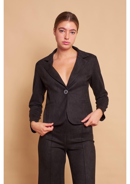 Palazzo Yüksek Bel Ön Dikişli Bol Paça Hafif Likralı Süet Kumaş Pantolon-Siyah modelleri