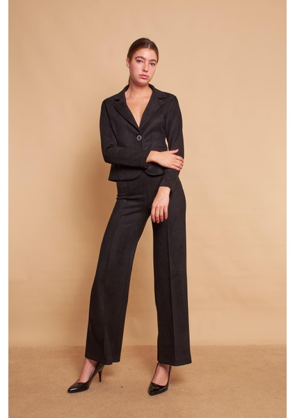 Palazzo Yüksek Bel Ön Dikişli Bol Paça Hafif Likralı Süet Kumaş Pantolon-Siyah fırsatları