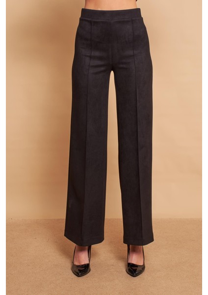 Palazzo Yüksek Bel Ön Dikişli Bol Paça Hafif Likralı Süet Kumaş Pantolon-Siyah indirimleri