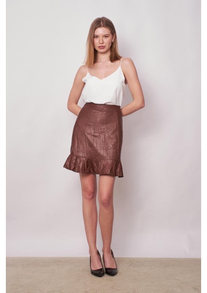 Kadın Kraş Deri Yüksek Bel Eteği Volanlı Astarlı Kalem ETEK(BOY:50CM +-2cm)-Taba