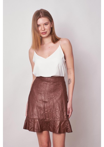 Kadın Kraş Deri Yüksek Bel Eteği Volanlı Astarlı Kalem ETEK(BOY:50CM +-2cm)-Taba fiyatları