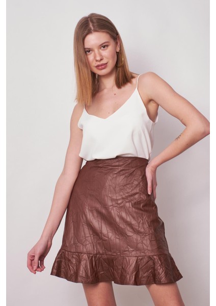 Kadın Kraş Deri Yüksek Bel Eteği Volanlı Astarlı Kalem ETEK(BOY:50CM +-2cm)-Taba modelleri