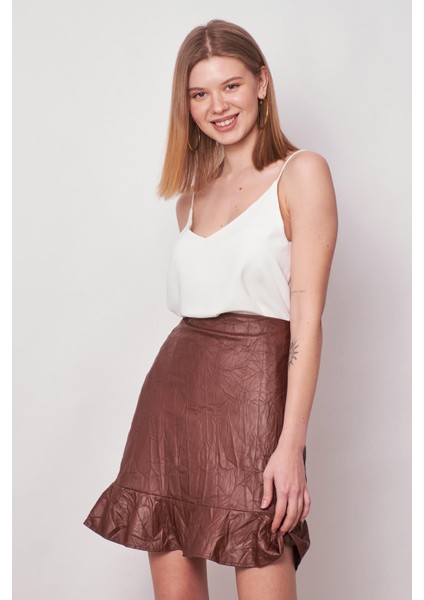 Kadın Kraş Deri Yüksek Bel Eteği Volanlı Astarlı Kalem ETEK(BOY:50CM +-2cm)-Taba fırsatları