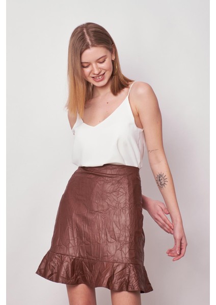 Kadın Kraş Deri Yüksek Bel Eteği Volanlı Astarlı Kalem ETEK(BOY:50CM +-2cm)-Taba indirimleri