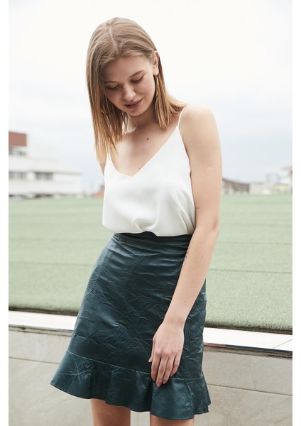 Kadın Kraş Deri Yüksek Bel Eteği Volanlı Astarlı Kalem ETEK(BOY:50CM +-2cm)-Zümrüt