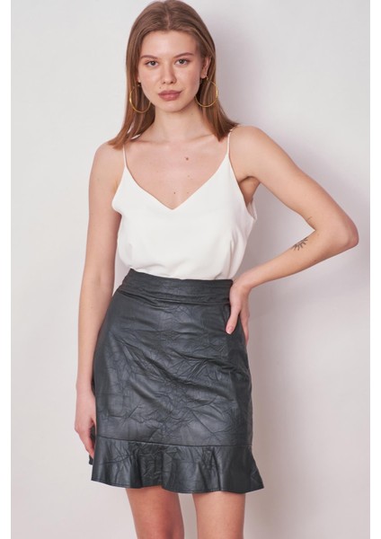 Kadın Kraş Deri Yüksek Bel Eteği Volanlı Astarlı Kalem ETEK(BOY:50CM +-2cm)-Zümrüt modelleri