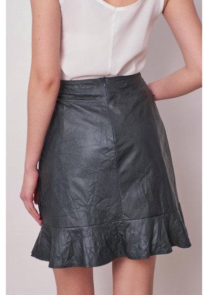 Kadın Kraş Deri Yüksek Bel Eteği Volanlı Astarlı Kalem ETEK(BOY:50CM +-2cm)-Zümrüt fırsatları