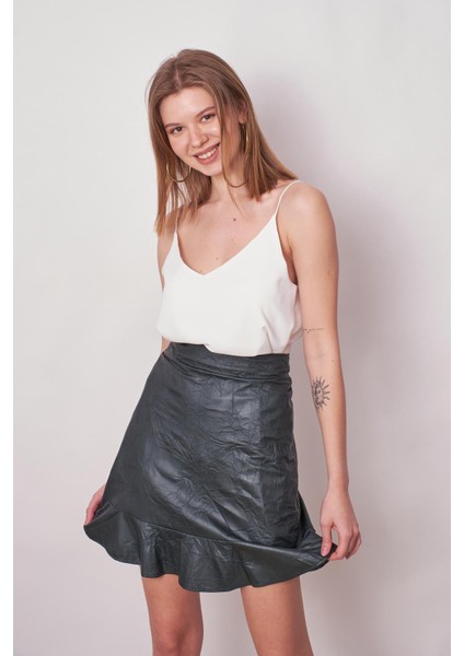 Kadın Kraş Deri Yüksek Bel Eteği Volanlı Astarlı Kalem ETEK(BOY:50CM +-2cm)-Zümrüt indirimleri