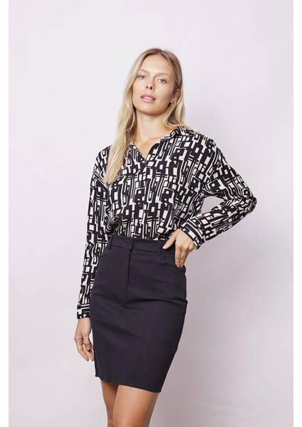 Kadın Cep Detaylı Diz Üstü Hafif Likralı Pamuklu Kumaş Kalem Etek-Siyah modelleri