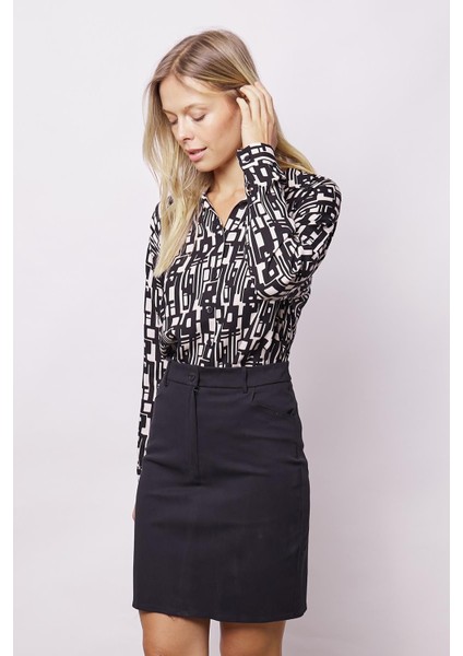 Kadın Cep Detaylı Diz Üstü Hafif Likralı Pamuklu Kumaş Kalem Etek-Siyah indirimleri