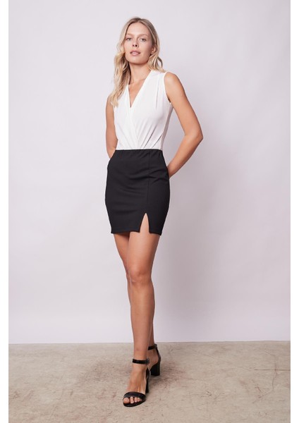 Kadın Yüksek Bel Önden Yırtmaçlı Hafif Likralı Çelik Kumaş Mini Kalem ETEK(BOY:44CM)-SIYAH indirimleri