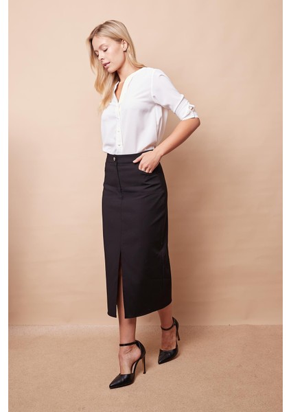 Kadın Hafif Likralı Kalın Kumaş Diz Altı Yırtmaçlı Yüksek Bel Uzun Cepli Düğmeli Kalem Etek-Siyah fiyatları