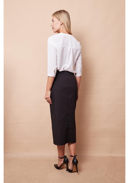 Kadın Hafif Likralı Kalın Kumaş Diz Altı Yırtmaçlı Yüksek Bel Uzun Cepli Düğmeli Kalem Etek-Siyah modelleri